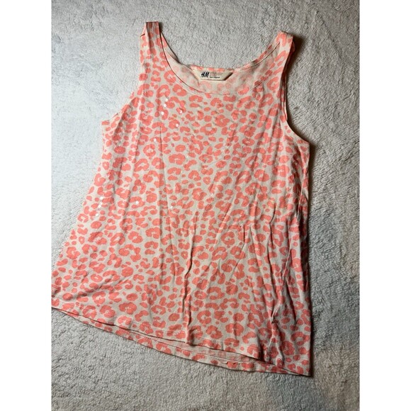 H & M kids sz 12-14yr coral salmon leopard print tank top w/ sequin accents - Picture 1 of 9